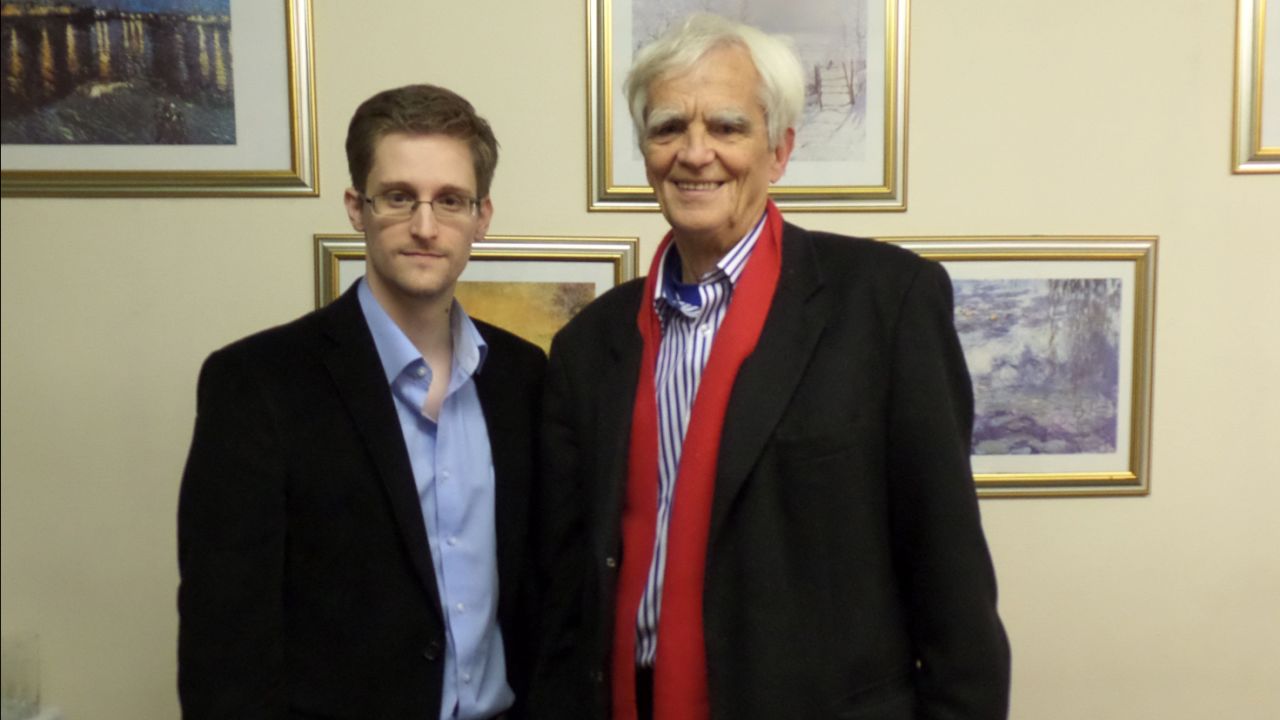 Edward Snowden poses for a photos with German Green party parliamentarian Hans-Christian Stroebele at an undisclosed location in Moscow, on Thursday, October 31. Stroebele met Snowden in Moscow Stroebele's office said in a statement, and would give details of the meeting on Friday at a press conference in Berlin.