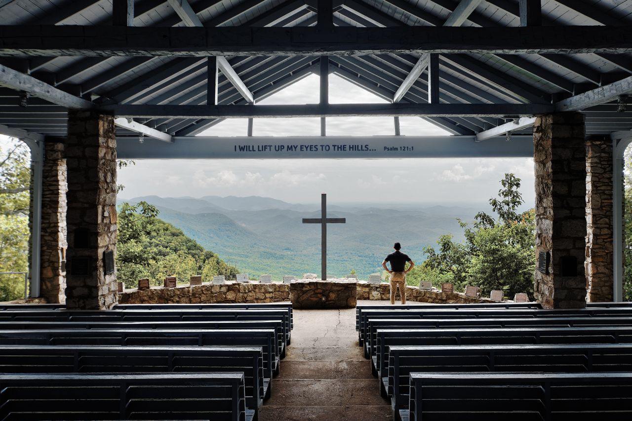 The Fred W. Symmes Chapel, part of a YMCA camp, sits at the edge of a cliff in the Blue Ridge Mountains near Cleveland, South Carolina.