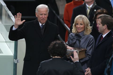 Biden is sworn in for his second term as vice president by Supreme Court Justice Sonia Sotomayor, with his wife, Jill, and son, Beau, by his side, on January 21, 2013, in Washington.