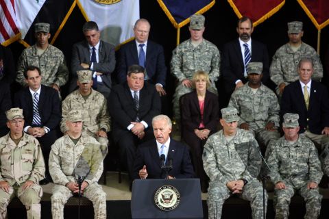 Biden presides over a ceremony in Baghdad to formally mark the end of the U.S. combat mission in Iraq on September 1, 2010.