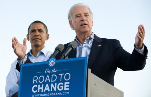 Biden speaks after being introduced as Obama's running mate while campaigning together after the Democratic National Convention in 2008.