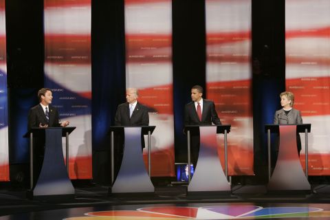 From left, former Sen. John Edwards, Biden, Obama and Sen. Hillary Clinton at a debate of Democratic presidential candidates on April 26, 2007, in Orangeburg, South Carolina.