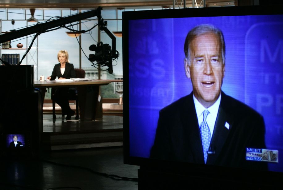 As a ranking member of the Senate Foreign Relations Committee, Biden is interviewed on NBC's "Meet the Press," concerning the war in Iraq on August 14, 2005.