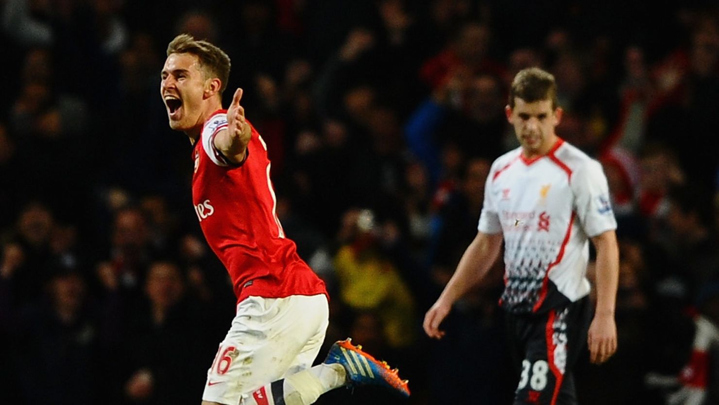 Aaron Ramsey celebrates after scoring Arsenal's second goal in Saturday's 2-0 win at home to Liverpool.