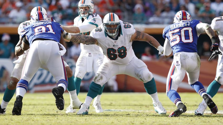 Richie Incognito (No. 68) has been suspended by the Miami Dolphins during a probe of bullying allegations.