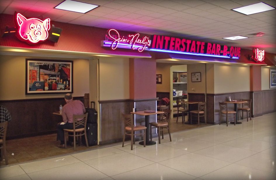 Order up your sauce-smothered pork ribs, served up Memphis-style at the Memphis airport, with a side of BBQ spaghetti. 