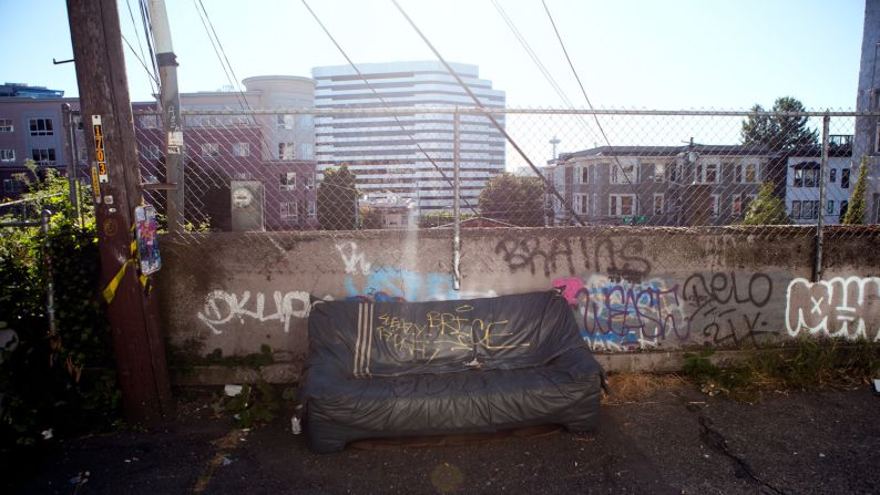 Staying with a friend in Seattle, where this abandoned couch was found, the three friends bought seafood at Pike Place Market and made a seafood stew dinner to say thank you to their host. 