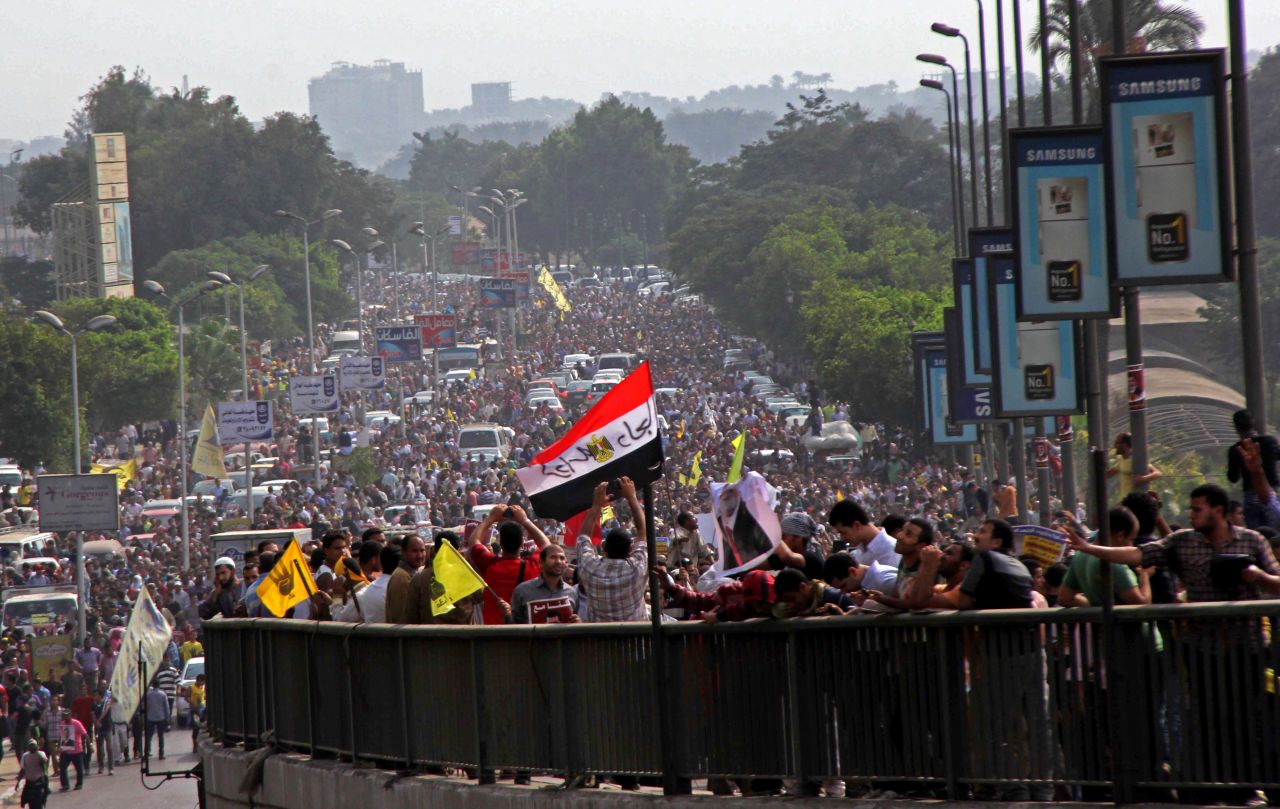 Supporters of Morsy protest on a bridge in Cairo.