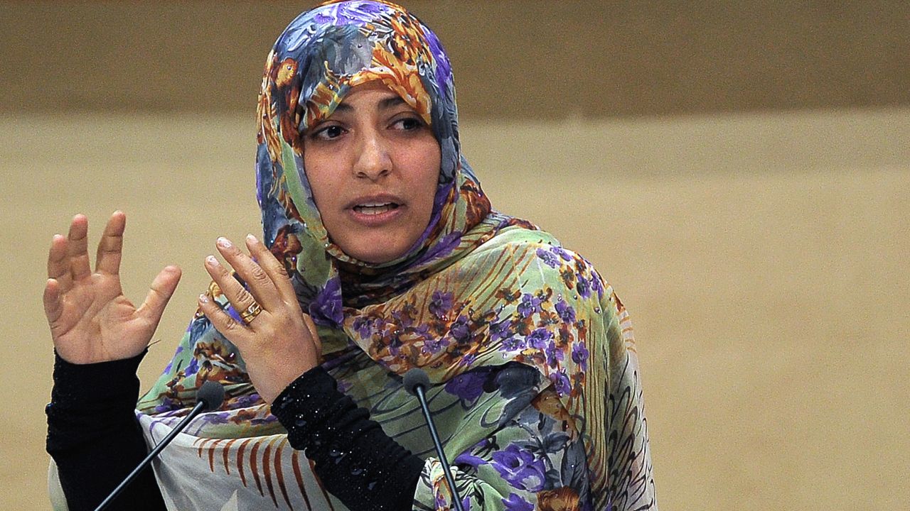 Yemeni journalist and activist Tawakkol Karman delivers a speech in Strasbourg, on October 08, 2012.