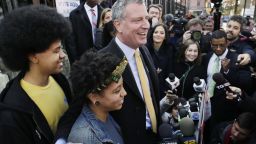 Democratic mayoral candidate Bill de Blasio embraces his daughter Chiara as he talks to the media after voting, Tuesday, Nov. 5, 2013 in the Park Slope neighborhood of the Brooklyn borough of New York. His son Dante is at left. De Blasio is running against Republican candidate Joseph Lhota. (AP Photo/Mark Lennihan)
