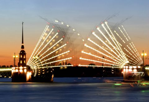 A multiple exposure photograph of a drawbridge in St. Petersburg. The Russian city is made up of a cluster of islands connected by more than 300 bridges.