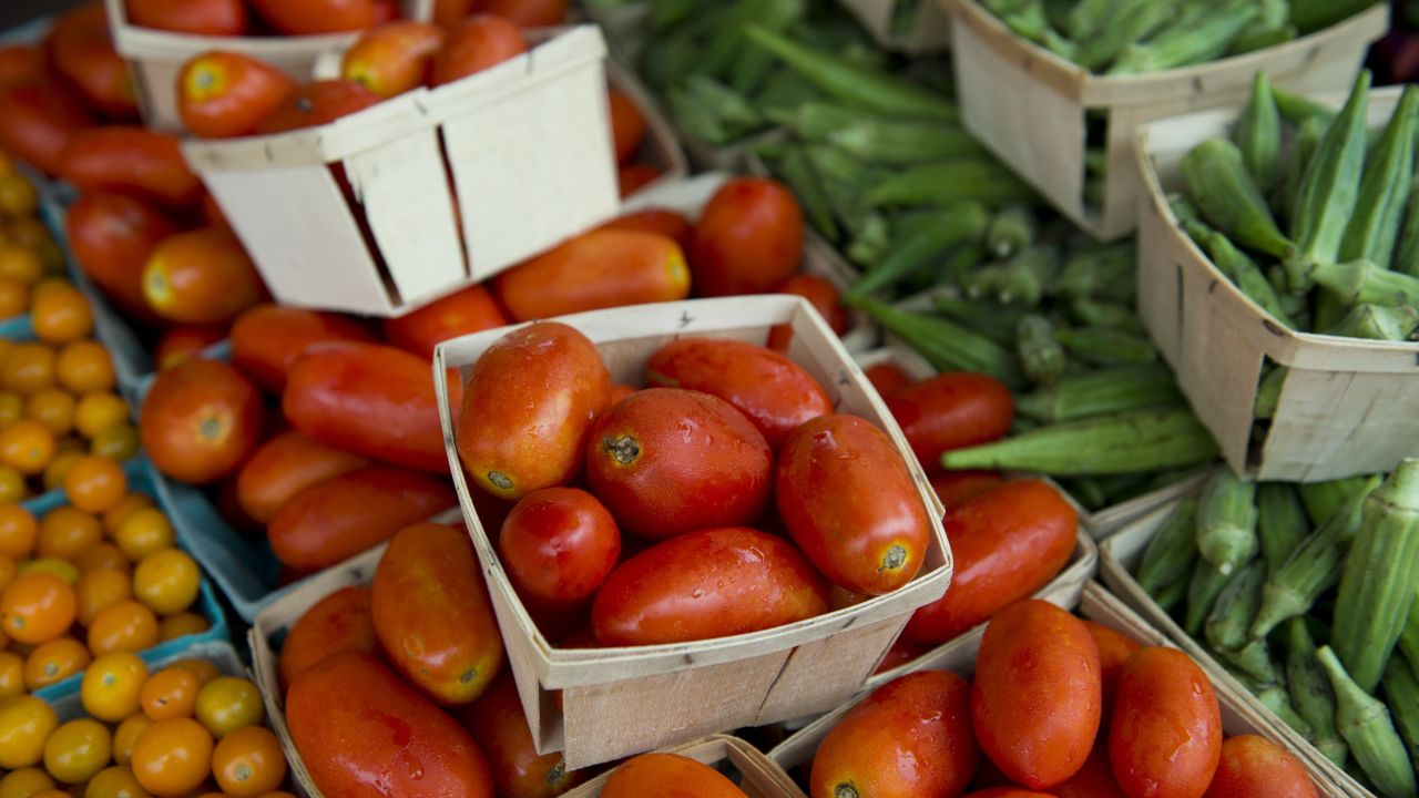 Tomatoes are displayed for sale during a Farmer's Market at Eastern Market in Washington, DC, August 6, 2013. The market, located on Capitol Hill, is Washington's oldest continually operated fresh food public market and offers local, farm fresh produce including fruits and vegetables, as well as meats, cheeses and fish. AFP PHOTO / Saul LOEB (Photo credit should read SAUL LOEB/AFP/Getty Images)