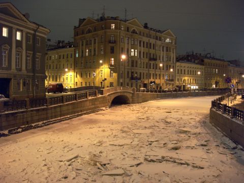 Thick ice covers a canal in St. Petersburg. Much of the water surrounding the city freezes over during the winter months meaning far less marine traffic.