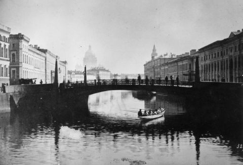 A picture of a St. Petersburg bridge in 1860. The city was designed during the reign of Peter the Great, taking inspiration from the likes of Amsterdam and Venice.