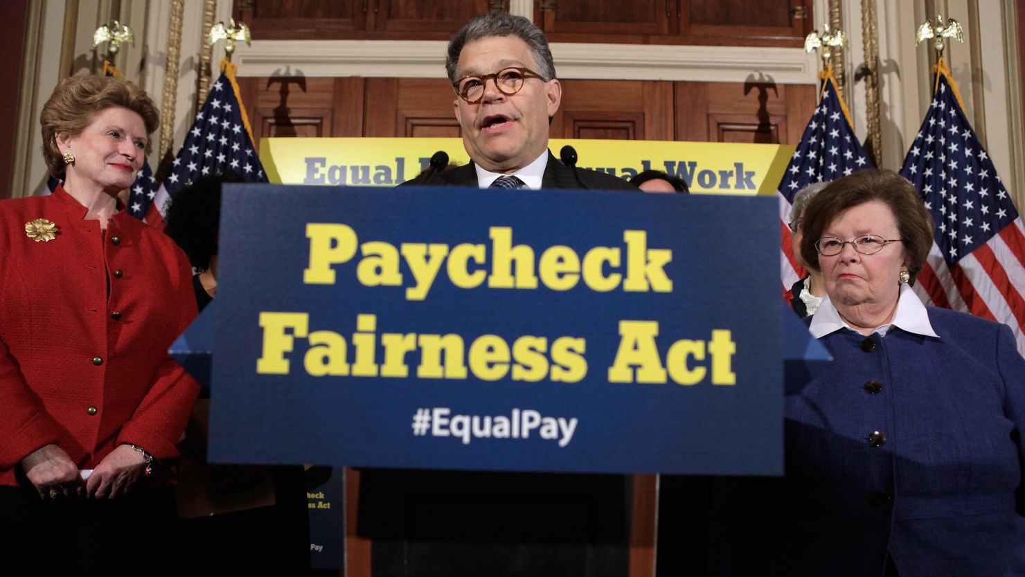 Sen. Al Franken discusses the Paycheck Fairness Act accompanied by Sen. Debbie Stabenow, left, and Sen. Barbara Mikulski.