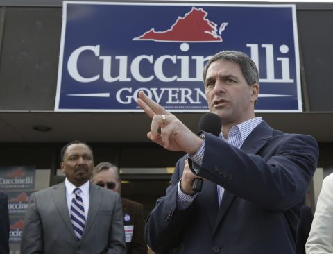 Cuccinelli speaks during a rally at Republican headquarters in Charlottesville, Virginia.