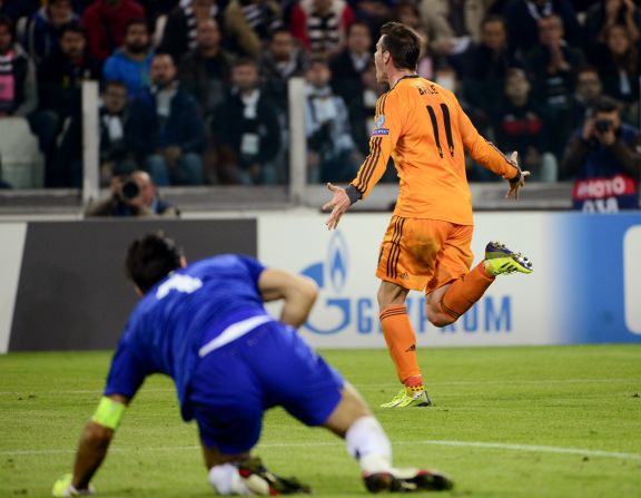 Gareth Bale wheels away after scoring Real Madrid's second goal against Juventus in Turin.