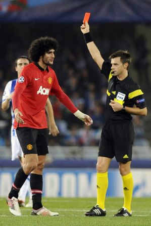 Marouane Felliani is sent off during Manchester United's disappointing goalless draw at Real Socieadad. 