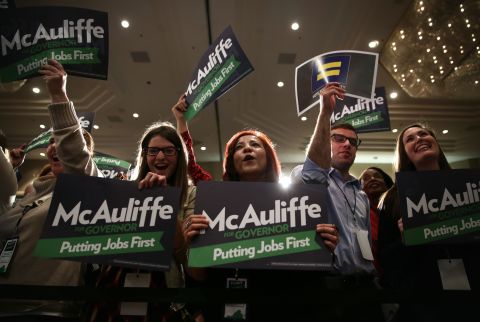 McAuliffe supporters attend an Election Night event in Tysons Corner on November 5.