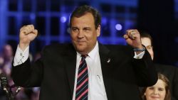 New Jersey Gov. Chris Christie celebrates his election victory in Asbury Park, New Jersey, on Tuesday, November 5, after defeating Democratic challenger Barbara Buono.