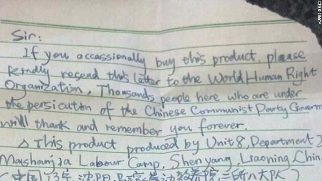 An excerpt of the letter sent by labor camp inmate Mr. Zhang contained within the Halloween decoration.