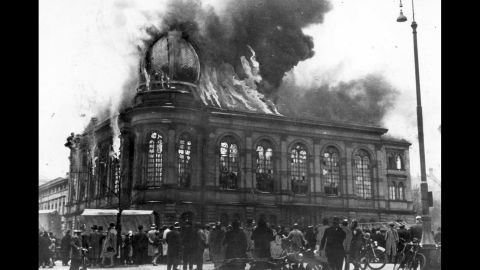 The Boemestrasse Synagogue in Frankfurt, Germany, burns on November 10, 1938. The night of November 9 became known as "Kristallnacht," or the "Night of Broken Glass," after the Nazi regime staged attacks on Jewish-owned businesses, synagogues and homes throughout Germany.