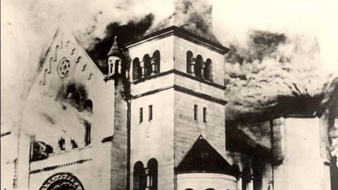 A synagogue burns in Baden-Baden, Germany.