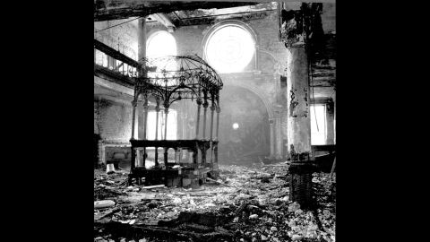 Debris lays scattered throughout the interior of a synagogue in Nueremberg, Germany.