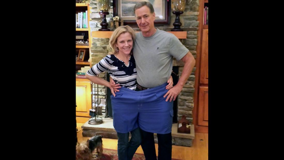 The couple poses in Pippen's old swimsuit, a size 4XL. Pippen now fits into jeans with a 32-inch waist. Susan has also slimmed down -- going from a size 10 to a size 2. 