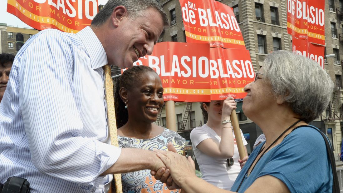De Blasio and McCray greet voters on the Upper West Side on September 10 during the Democratic primary. De Blasio entered the primary with 10% support among voters.