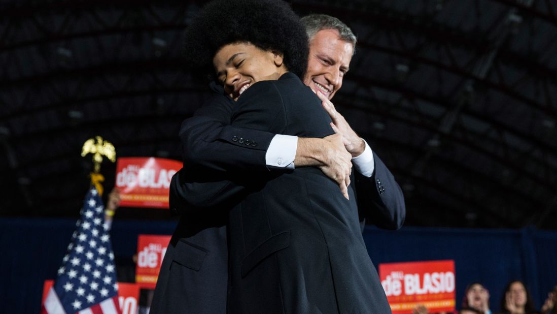 De Blasio hugs Dante at his election night party. De Blasio's family appeared frequently in his campaign ads, Dante saying in one,<br />"Bill de Blasio will be a mayor for every New Yorker, no matter where they live or what they look like. And I'd say that even if he weren't my dad."