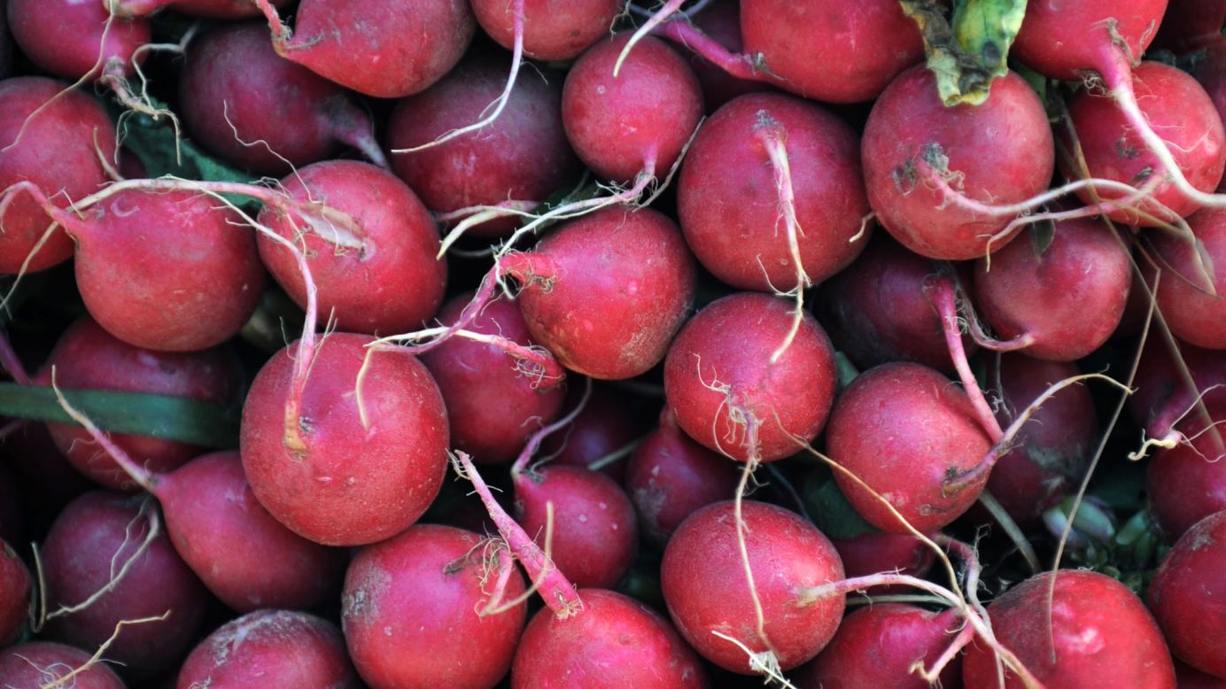 <strong>Radishes</strong><br />Water content: 95.3%<br /><br />These refreshing root vegetables should be a fixture in your spring and summer salads. They provide a burst of spicy-sweet flavor -- and color! -- in a small package, and more important, they're filled with antioxidants such as catechin (also found in green tea).<br /> <br />A crunchy texture also makes radishes a perfect addition to healthy summer coleslaw, with no mayo required. Slice them up with shredded cabbage and carrots, sliced snow peas, and chopped hazelnuts and parsley, and toss with poppy seeds, lemon juice, olive oil, salt and pepper.<br />