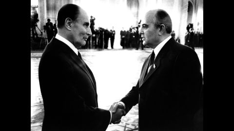French President Francois Mitterrand with Gorbachev in Moscow in 1985.