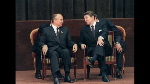 President Ronald Reagan talks with Gorbachev during a two-day summit between the United States and the Soviet Union in Geneva in 1985.