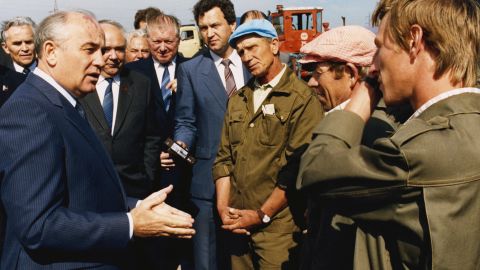 Gorbachev meets employees of a meat-packing plant outside Moscow in 1987.