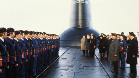Gorbachev meets crew members of a nuclear submarine during a visit to Severomorsk, Soviet Union, in 1987.