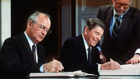 Gorbachev and Reagan sign a treaty eliminating U.S. and Soviet intermediate-range and shorter-range nuclear missiles in Washington in 1987.