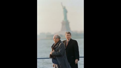 Reagan and Gorbachev visit Governors Island in New York in 1988.