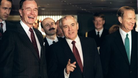 President George H. W. Bush with Gorbachev in Valletta, Malta, during a U.S.-Soviet summit in 1989.