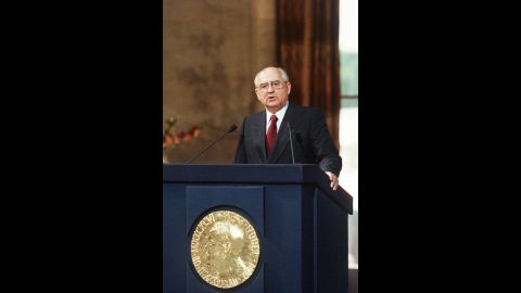 Gorbachev accepts the Nobel Peace Prize in Oslo, Norway, in 1991. Gorbachev was awarded the prize in 1990.