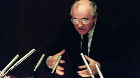 Gorbachev stresses a point during a session of the Supreme Soviet in Moscow in 1991.