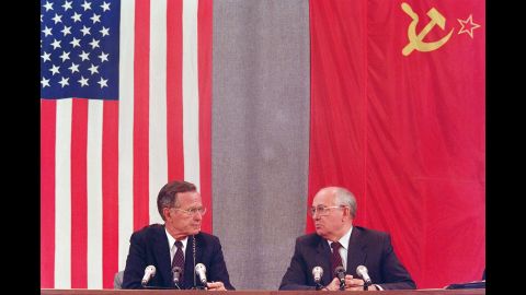 Bush and Gorbachev confer during a joint press conference concluding a two-day U.S.-Soviet summit in 1991 in Moscow.