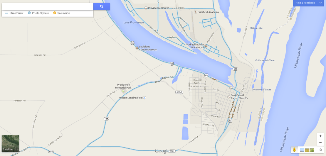 The south side of Lake Providence, Louisiana, did not have Google Street View functionality in November 2013. Roads with Street View are highlighted in blue.