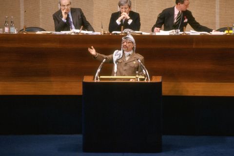 In a speech before the United Nations on December 13, 1988, Arafat renounces terrorism and recognizes Israel's right to exist while declaring a Palestinian state.