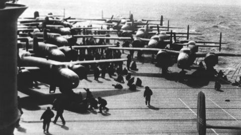 B-25 bombers sit on the deck of the USS Hornet in the Pacific Ocean in 1942. The Hornet, one of three carriers in the Yorktown class, was the ship that launched the bombers flown by Air Force Lt. Col. James Doolittle and his pilots during an air raid in Tokyo four months after the attack on Pearl Harbor. It also was involved in the Battle of Midway.