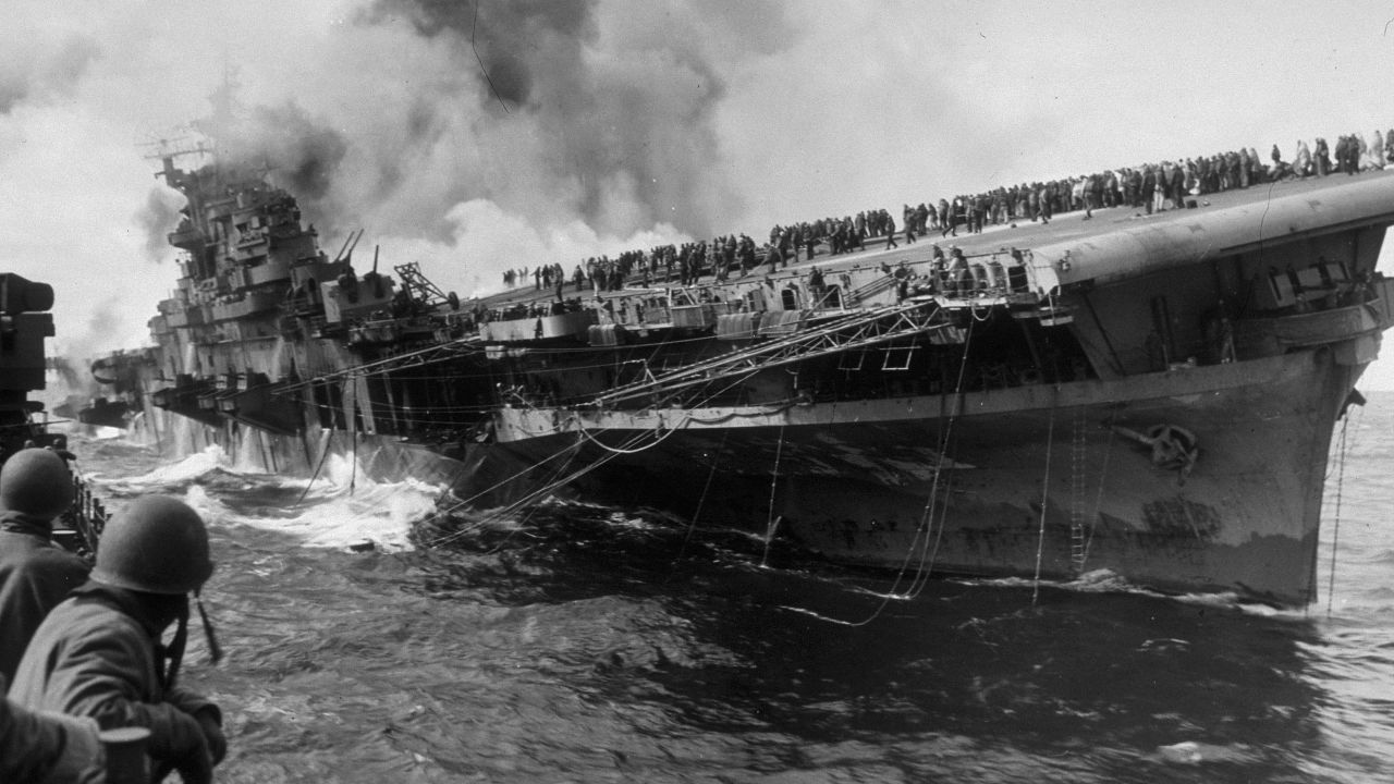 The Essex-class USS Franklin burns after being hit by a Japanese dive bomber in 1945. The ship was named after Benjamin Franklin and nicknamed "Big Ben."