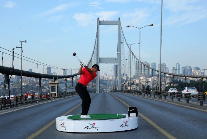 A practice swing for Woods ahead of the main event. "To be the first golfer to do this was very cool," said Woods ahead of the inaugural European Tour event in Turkey.