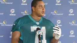 DAVIE, FL - MAY 4: Jonathan Martin #71 of the Miami Dolphins talks ot the media after the rookie minicamp on May 4, 2012 at the Miami Dolphins training facility in Davie, Florida. (Photo by Joel Auerbach/Getty Images)