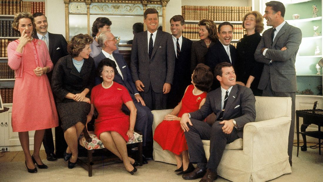 The night after John F. Kennedy won the 1960 presidential election this family portrait was made in Hyannis Port, Massachusetts. Sitting, from left, Eunice Shriver (on chair arm), Rose Kennedy, Joseph Kennedy, Jacqueline Kennedy, head turned away from camera, and Ted Kennedy. Back row, from left, Ethel Kennedy, Stephen Smith, Jean Smith, President John F. Kennedy, Robert F. Kennedy, Pat Lawford, Sargent Shriver, Joan Kennedy, and Peter Lawford.