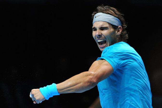 Rafael Nadal shows his delight after completing a three set win over Tomas Berdych to wrap up Group A at the ATP World Tour Finals